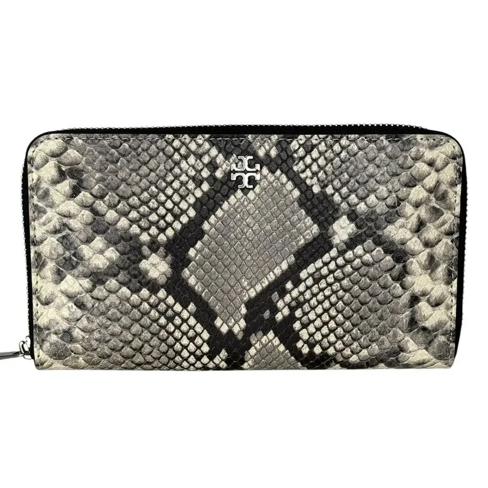 Tory Burch Gray Snake Print Zip Around Continental Wallet Leather